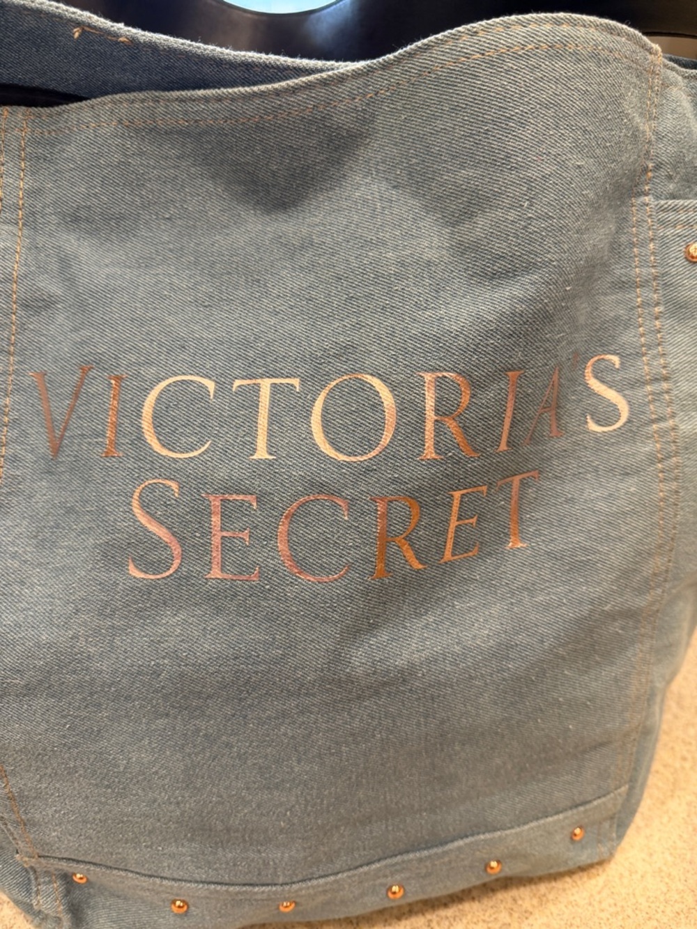 Victoria's Secret denim Canvas Tote Bag rose gold accents - Picture 3 of 9
